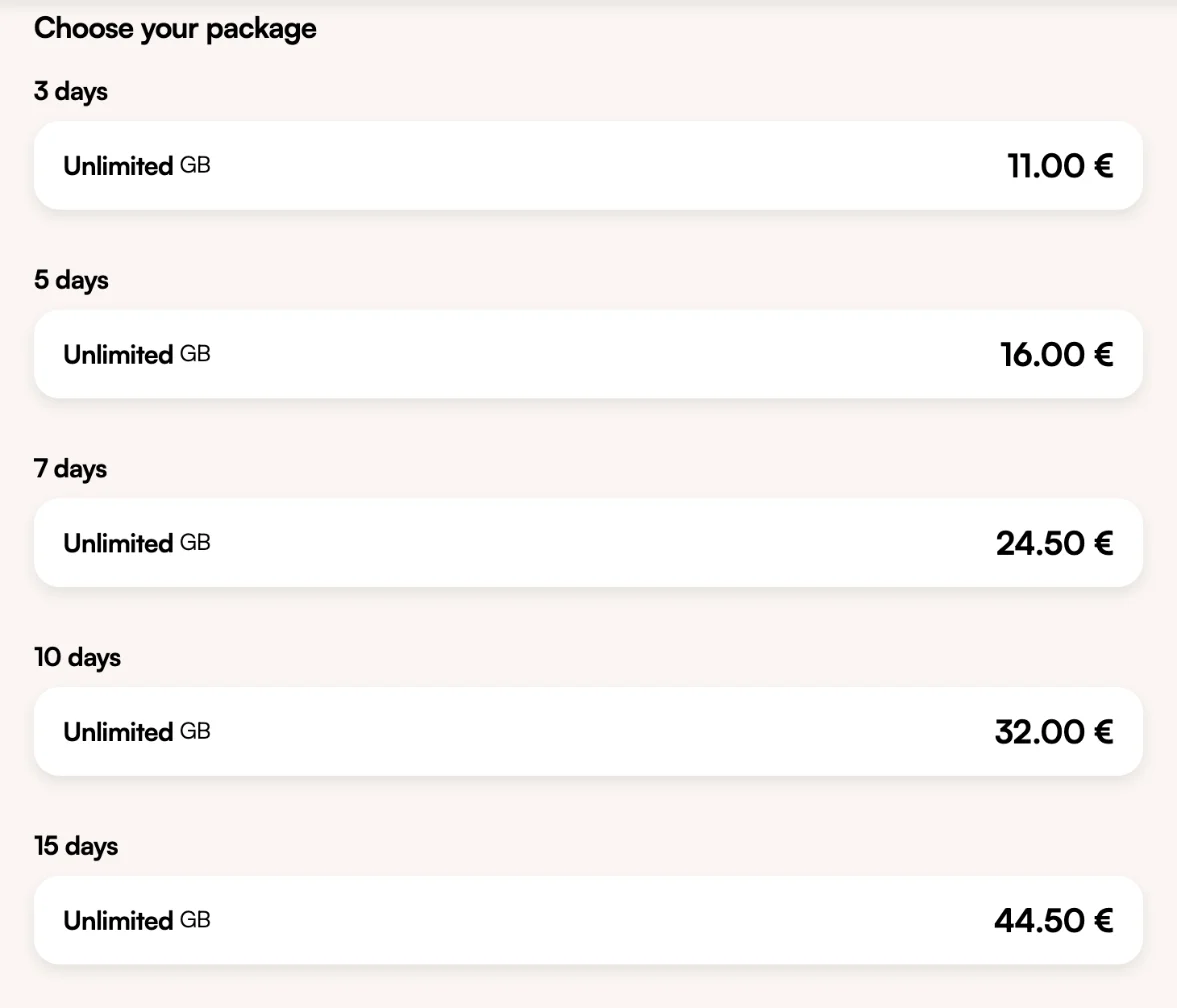 Airalo unlimited plans for Japan from 3 to 15 days, from €11.00 to €44.50