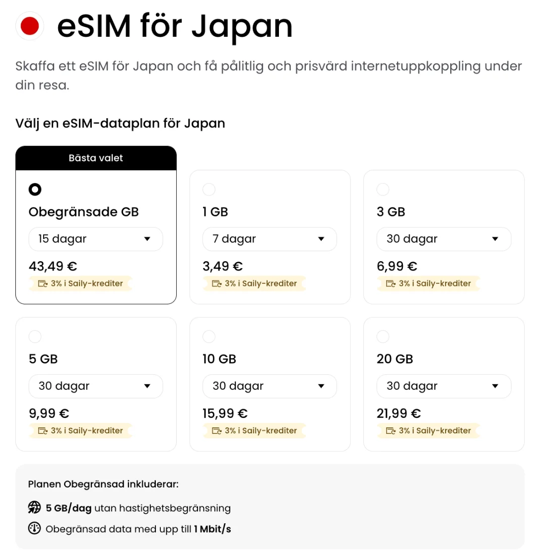 Sailys pristabell för Japan: obegränsat i 15 dagar för 43,49 €, 10 GB för 15,99 € och ett tak på 5 GB per dag